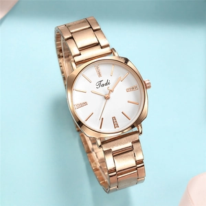 Elegant rose gold rhinestone quartz watch with white square dial and metal band