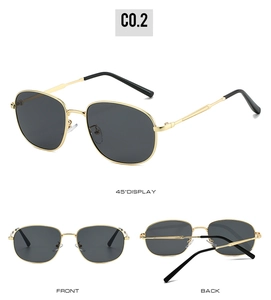 Three perspectives of retro oval sunglasses with golden metal frames and black lenses
