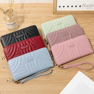 Long PU leather wallets with quilted texture and wristlet in six elegant pastel colors