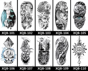 Detailed grid showing 10 black and grey temporary tattoo designs with wolves and skulls