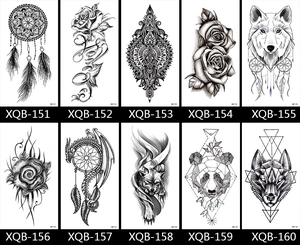 Grid layout of black and white full-arm tattoo stickers with flowers, wolves and geometric designs