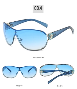 Detailed views of oversized rimless sunglasses with blue floral temple accents and silver rivets