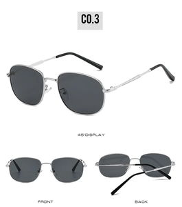 Detailed views of vintage oval sunglasses featuring silver metal frames and dark gray lenses