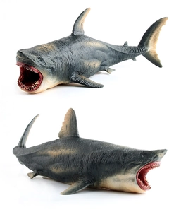 Detailed macro view of lifelike shark toy models with realistic teeth and skin texture