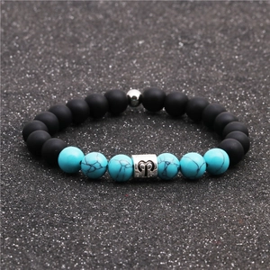 Detail of beaded zodiac bracelet featuring black matte beads and turquoise stone accents