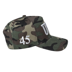 Detailed side view of camouflage baseball cap with high quality 45 and TRU embroidery