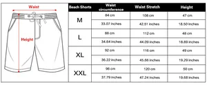Size chart detail for men's beach shorts including waist and length in cm and inches