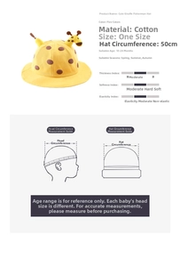 Size guide for kids giraffe bucket hat showing measurements and head circumference tips