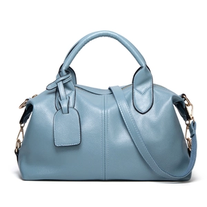 Blue lychee pattern leather Boston handbag with double handles and long shoulder strap