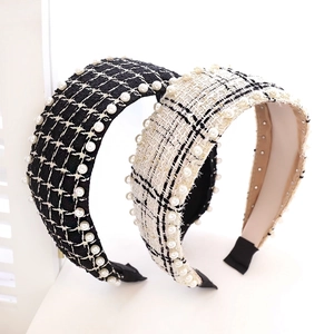 Elegant tweed plaid headband with white pearl accents for women, set of two classic colors