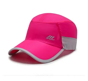 Close-up of quick-dry rose red sports cap with breathable gray mesh side panels