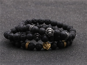 Lot de 3 bracelets pour hommes en perles de pierre de lave avec têtes de lion métalliques