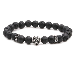 Bracelet pour homme en perles de pierre de lave avec tête de lion argentée et entretoises