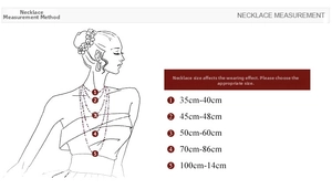 Detailed necklace length chart showing s925 silver chain sizes on female figure sketch