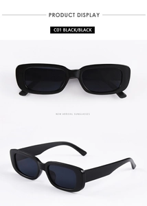 Close-up of retro black rectangular sunglasses showing front and side views on white background