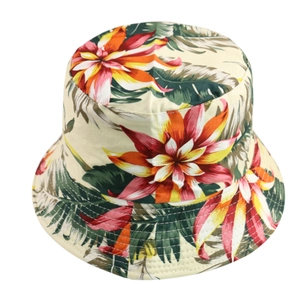 Tropical floral print bucket hat in beige canvas with colorful flower patterns for summer