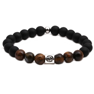 8mm Tiger Eye and Matte Black Onyx zodiac beaded bracelet with silver Cancer sign bead