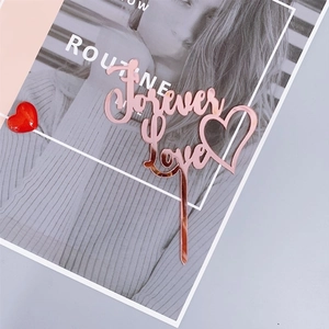 Rose gold acrylic Forever Love cake topper with heart design for wedding and anniversary