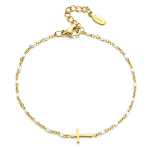 Detail of golden stainless steel cross bracelet with white enamel beads and lobster clasp