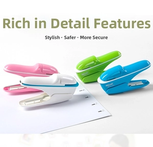 Dettaglio della cucitrice senza punti ergonomica nei colori rosa, bianco, verde e blu