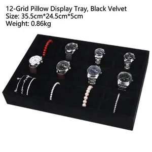 Black velvet 12-slot jewelry display tray with pillows for watches and bracelets
