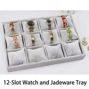 Gray velvet 12-slot jewelry tray with removable pillows for watches and bracelets