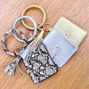 Leopard and snake print PU leather wristlet keychain with card holder and tassel charm