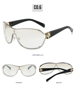 Macro view of oversized sunglasses featuring crystal camellia flower detail on temples