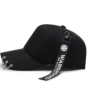 Hip-hop black cotton baseball cap with silver rings and long branded ribbon accessory