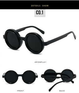 Detailansicht der schwarzen runden Sonnenbrille mit Retro-Rahmen und dunklen Gläsern