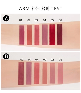 Matte liquid lipstick set arm swatch showing six gorgeous shades for makeup details.