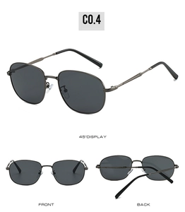 Detailed multi-angle view of oval metal frame sunglasses with dark grey lenses