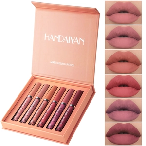Detailed view of the 6-piece matte liquid lipstick set swatch lips and premium gift box packaging.