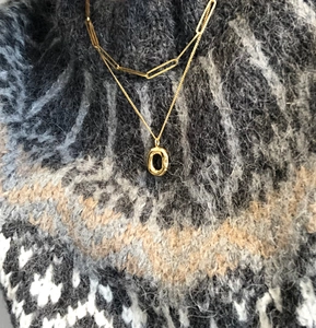 Detail of layered gold paperclip chain and oval donut pendant necklace on a sweater