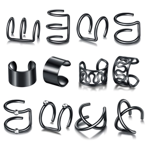 Detailed set of 12 black stainless steel ear cuffs featuring smooth and crystal-set designs