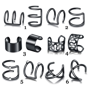 6-piece set of minimalist black stainless steel ear cuffs featuring diverse geometric designs