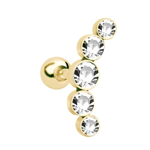 Detailed close-up of golden stainless steel stud earring with five clear crystals