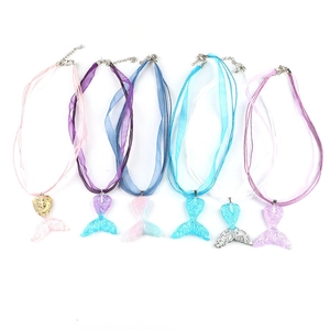 Mermaid tail necklaces in six colors with gradient mesh ribbon cords on white background