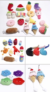 Detailed grid of diverse plush squeaky pet toys in vibrant fruit and vegetable shapes