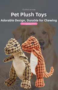 Close-up of textured corn fleece plush dinosaur toy with squeaker for pet dental care