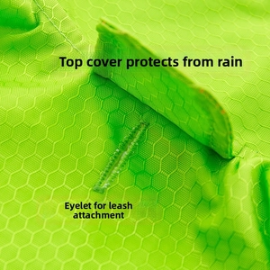 Close-up of waterproof dog raincoat featuring leash hole and protective rain flap detail