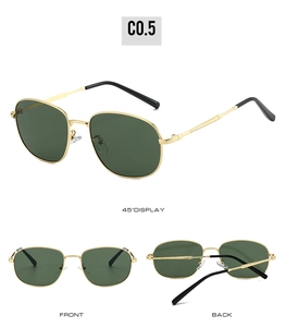 Detailed views of gold metal sunglasses with dark lenses from front back and 45 degree angle