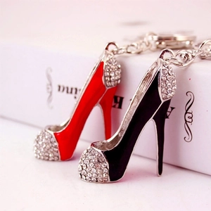 Sparkling rhinestone high heel keychain set in red and black enamel with polished metal ring
