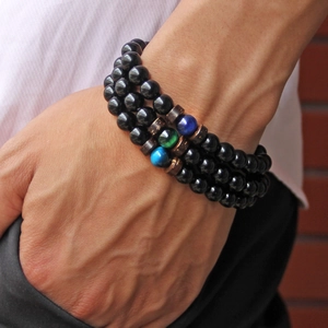 Men's multi-layer bracelet with volcanic stone, coconut wood and blue tiger eye beads