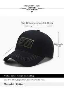 Tableau des tailles détaillé pour casquette en coton noir avec patch drapeau USA