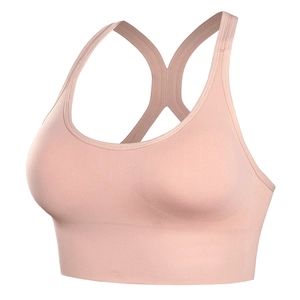 Pink seamless high-impact sports bra with racerback design and wide ribbed underband