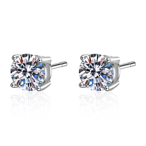 Classic S925 sterling silver four-prong stud earrings with brilliant round cut moissanite