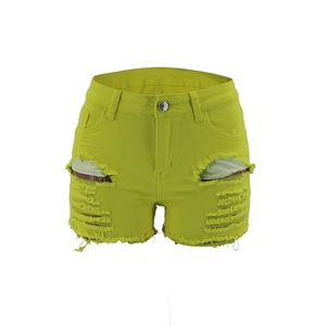 Neongrüne Distressed-Denim-Shorts für Damen mit ausgefranstem Saum und Rissen