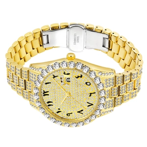 Close-up of gold stainless steel watch with full pave diamonds and Arabic numeral dial