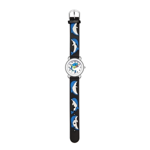Detail of kids watch with 3D dolphin strap and colorful hands on white dial